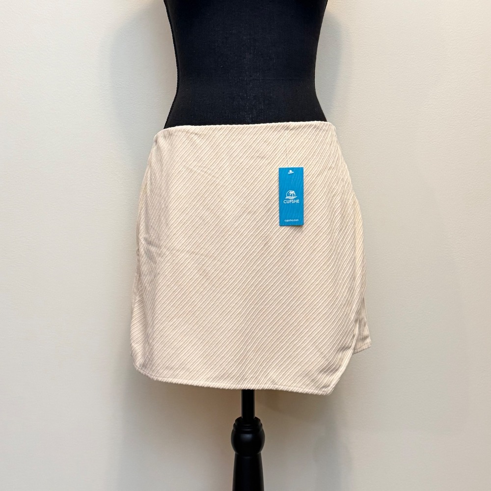 NEW Cupshe Corduroy Mini Skirt Cream Beige Ribbed Faux Wrap Women L Beach Casual